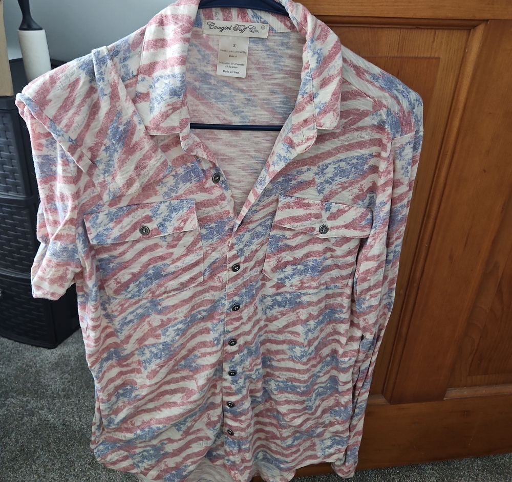 Cowgirl Tuff Long-Sleeve Button-Down Shirt in faded red & blue